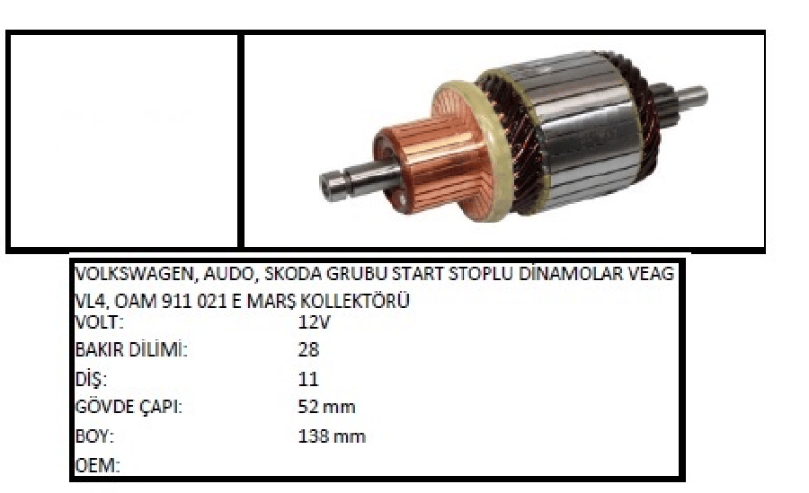 Mars Koll 11D 12V Doblo 16 Multijet Volswagen Audo Skoda Start Stop Veag VL4 Oam 911 021 E GOV@MARS Koll 11D 12V Doblo 16 Multijet Volswagen Audo Skoda Start Stop Veag VL4 Oam 911 021 E Govde 52mm Boy 138mm