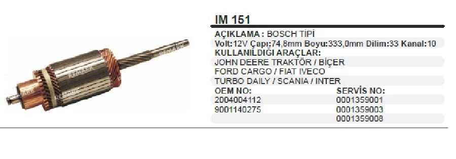 MARS KOLL 12V BOSCH TIPI TAM FREZE JOHN DEERE SCANIA FORD CARGO STEYR