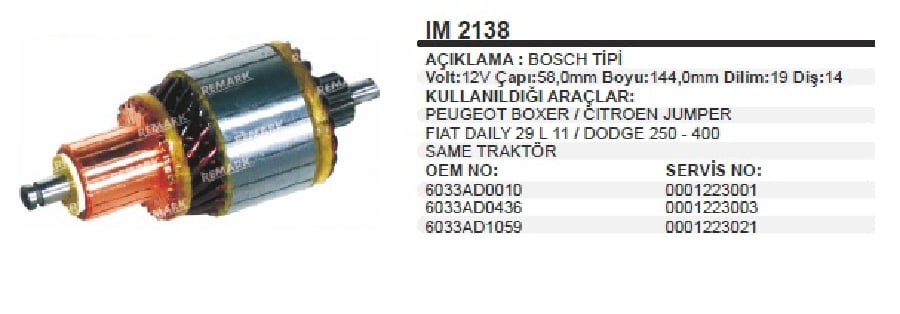 MARS KOLL 12V BOSCH TIPI TT50 NEW HOLLAND PEUGEOT BOXER CITROEN JUMPER FIAT DAILY DODGE 250400 SAME 19 DILIM 14 DIS CAP 58 mm UZUNLUK 144 mm