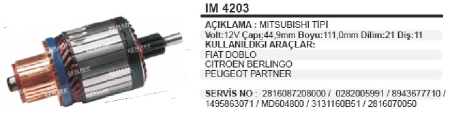 MARS KOLL 12V MIT TIPI DOBLO/PARTNER /CITROEN BERLINGO CAP:449 BOY:111 DILIM:21 DIS:11
