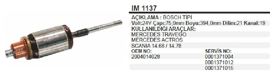 Mars Koll 24V Bosch Tipi  Mercedes Travego /ACTROS /SCANIA 360420 21 Dilim Cap 70 Mm Uzunluk 394 M