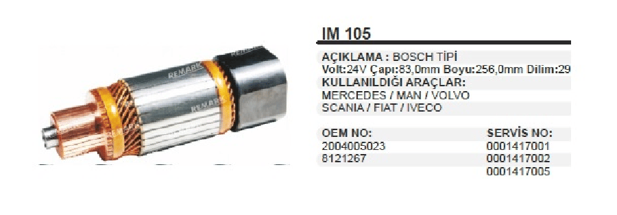 MARS KOLL BOSCH TIP 24V ALFKB ORTA MAN VOLVO SCANIA IVECO 29 DILIM CAP 83 mm UZUNLUK 2560 mm