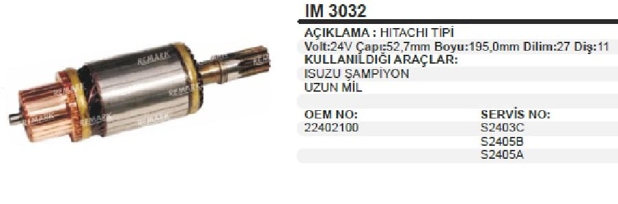 MARS KOLL HITACHI TIPI 24V  ISUZU CHAMPION UZUN BOY:195 CAP:527 DIS:11 DILIM:27  RULMANSIZ