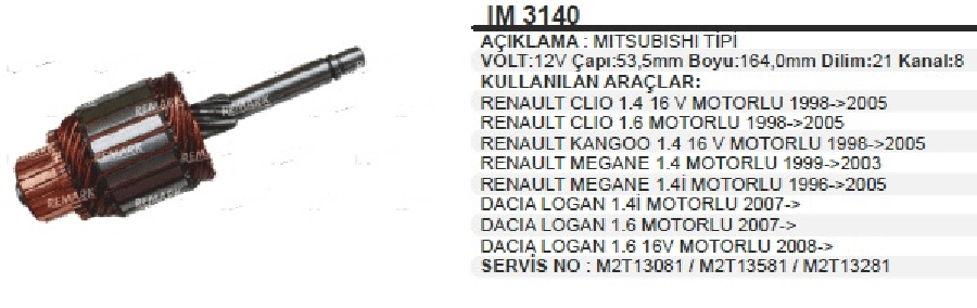 MARS KOLL MITSUBISHI TIPI IM 3140 12V RENAULT CLIO 14/16/KANGO 14/16 MEGANE 14 /17 /DACIA 14