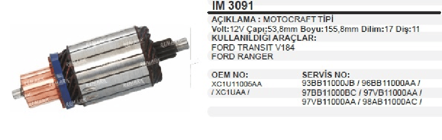 MARS KOLL MOTOGRAF TIP 12V FORD TRANSIT V/184 FORD RANGER 17 DILIM 11 DIS CAP 538 mm UZUNLUK 155