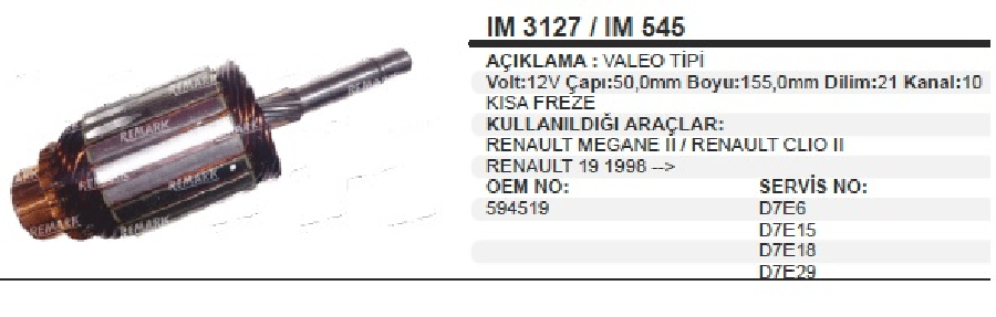 MARS KOLL VALEO TIPI 12V  RENAULT MEGANE  CLIO II R 19 (D7DUZ) BOY:155/ CAP:50 /DILIM:21 SEKMANLI