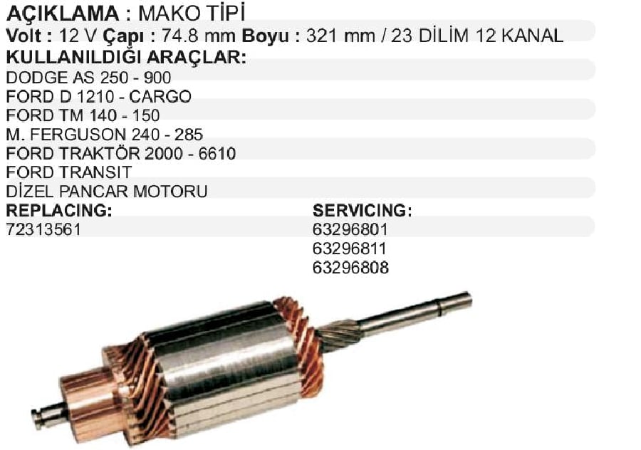 MARS KOLLUBKF 12V>DODGE AS250900/D1210 CARGO/FORD TM 140150/MF 240285/TRAKTOR 20006610/TRANSIT DIZEL PANCAR MOTORU