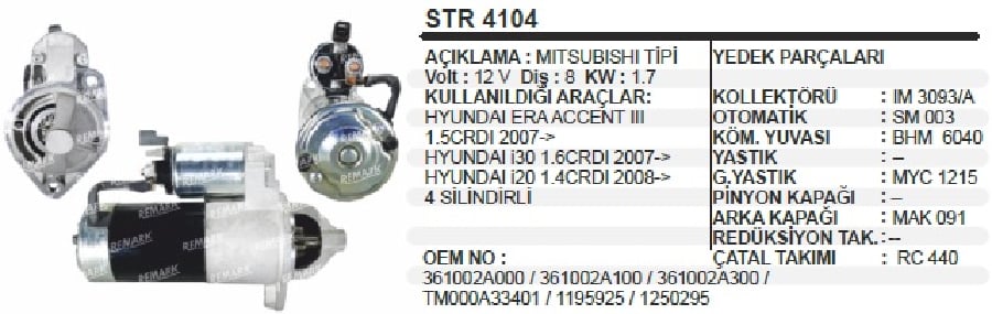 Mars Motoru 12V 8D 17 Kw Mit Tipi Hyundai Era Accent Iii 15 Crdi 2007> /I30 16 Crdi 2007 /I20