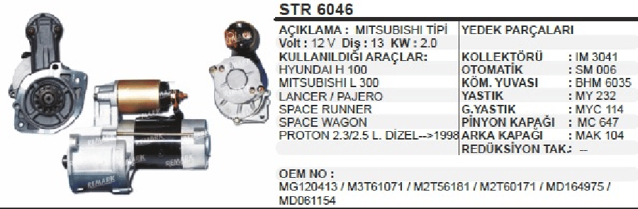 MARS MOTORU 12V13D20 KW>MITL300>98/HYUH100GALOPPER II/PACERO/PROTON