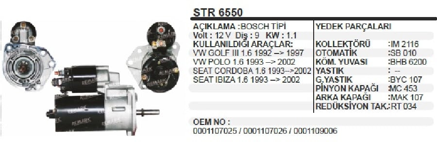 Mars Motoru 12V9D11 Kw Bosch Tipi Vw Lupo Polo CLASIC/IBIZA /GOLF 3 Caddy