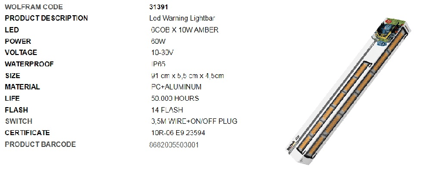 NEON LED IKAZ ISIGI 14 FONKSIYON E BELGELI 91CM 12/24V 60W E9 ( 6 COB 10W AMBER )