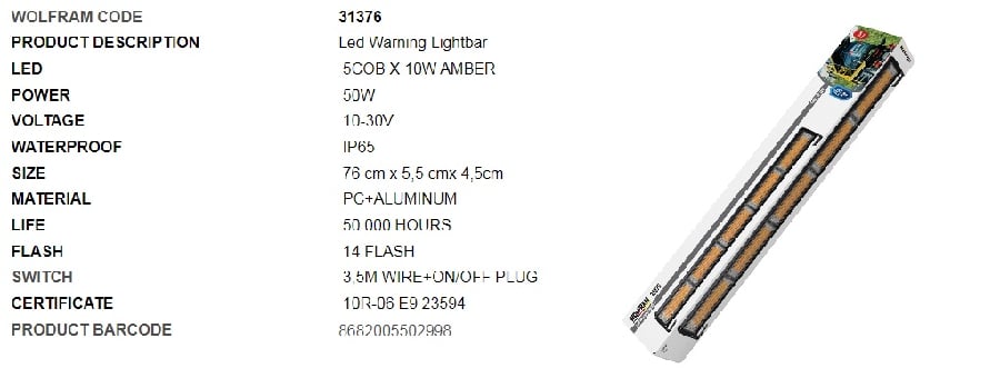 NEON LED IKAZ ISIGI 14 FONKSIYON E BELGELI 76CM 12/24V 50W E9 ( 5 COB 10W AMBER )