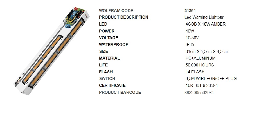 NEON LED IKAZ ISIGI 14 FONKSIYON E BELGELI 61CM 12/24V 40W E9 ( 4 COB 10W AMBER )