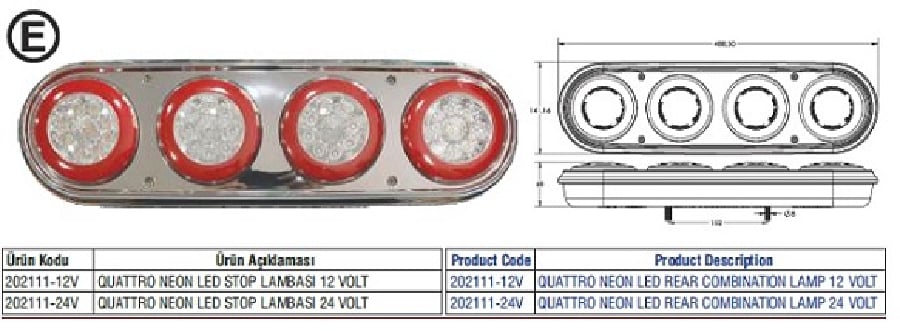 QUATTRO NEON LED STOP LAMBASI SIYAH GOVDELI 24V