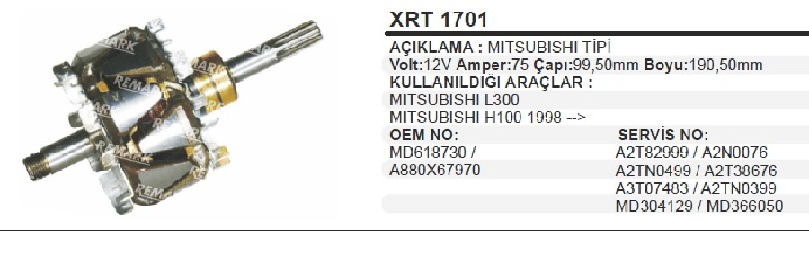 ROTOR 12V>VAKUMLU 75A KALIN FREZE L300/H100