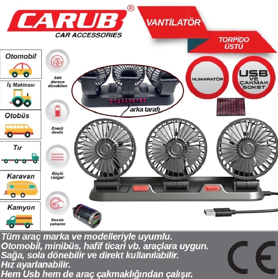 Vantilator 12V24V Torpido Ustu Uclu USB+CAKMAK DONUSTURUCULU+ARKASI Numaratorlu