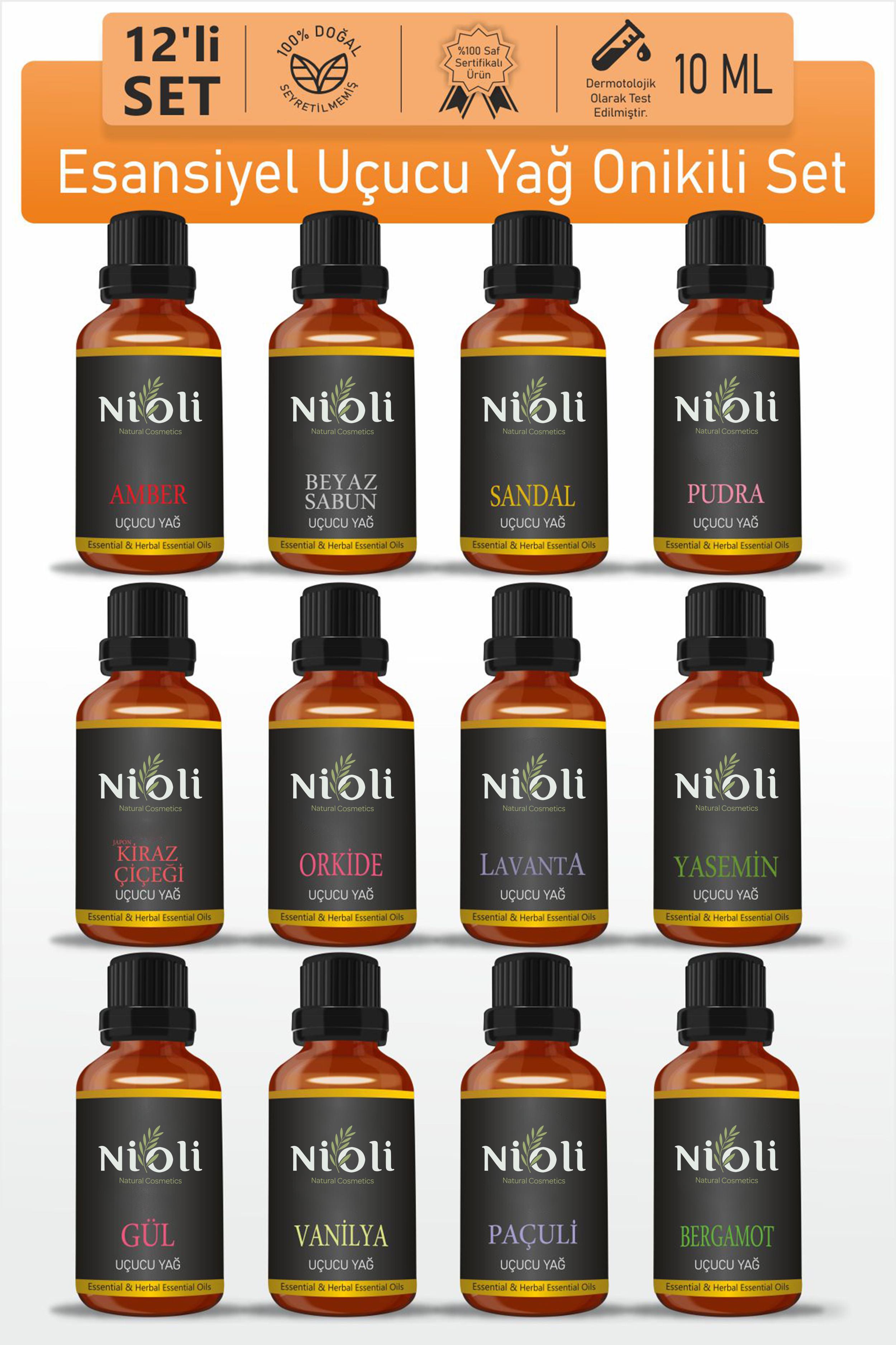 Nioli 12'li Set Esansiyel Uçucu Yağ Buhurdanlık Yağı Aromaterapi Yağı 10 ML