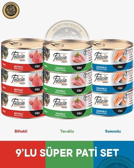 Felicia Biftekli-Somonlu-Tavuklu Yetişkin Kedi Konservesi 9x85gr