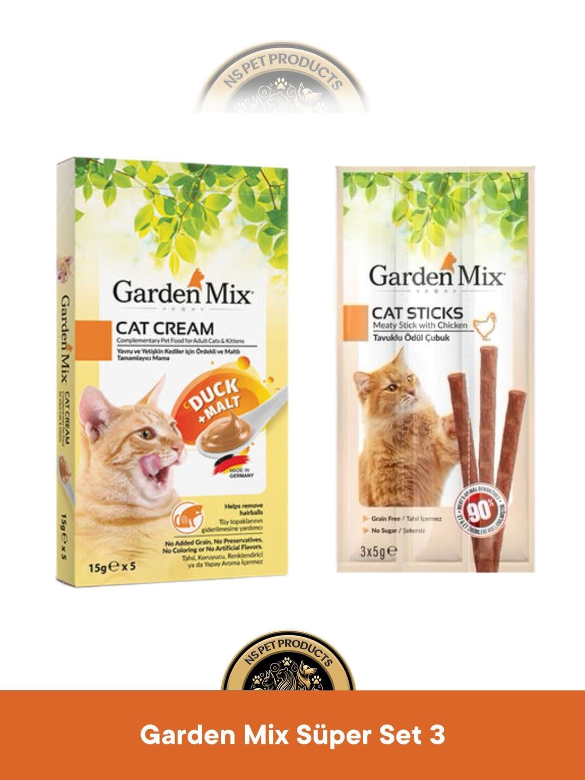 Garden Mix Ördek + Malt Kedi Krema Ödül Maması 5x15 gram & Garden Mix Tavuklu Ödül Çubuk Kedi Stick Ödül Maması 3x5 gram - Kedi Ödül Maması Seti