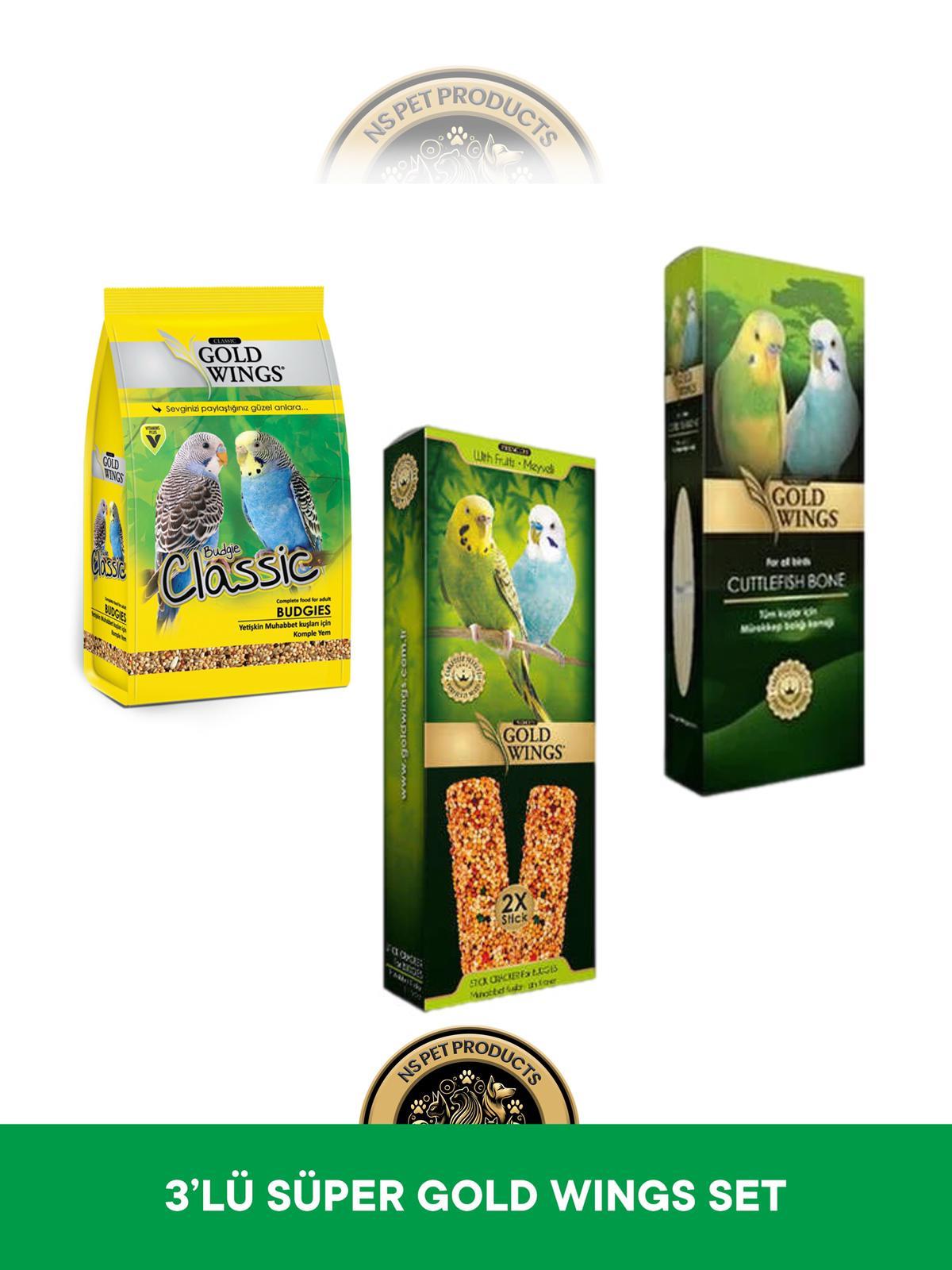 Gold Wings Classic Muhabbet Kuşu Yemi 400 gr & Premium Meyveli Muhabbet Kuşu Krakeri 2'li & Premium Mürekkep Balığı Kalamar Kemiği – Kuşlar İçin Vitamin ve Mineral Desteği – Muhabbet Kuşu Beslenme Seti (Yem + Kraker + Gagalık)