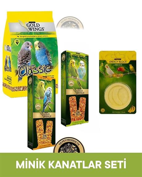 Gold Wings Classic Muhabbet Kuşu Yemi 400 gr & Ballı Muhabbet Kuşu Krakeri 2'li & Meyveli Muhabbet Kuşu Krakeri 2'li x 2 & Gaga Taşı Muzlu – Muhabbet Kuşu Beslenme Seti (Yem + Kraker + Gagalık)