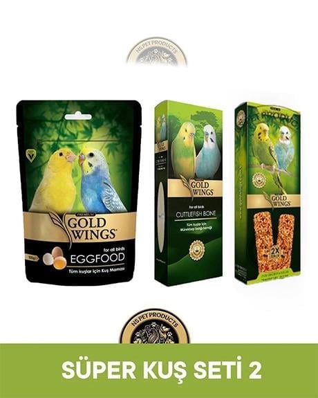 Gold Wings Premium Yumurtalı Kuş Yemi 100 gr & Gold Wings Premium Mürekkep Balığı Kalamar Kemiği – Kuşlar İçin Vitamin ve Mineral Desteği & Gold Wings Meyveli Muhabbet Kuşu Krakeri 2'li x 2 - Muhabbet Kuşu Beslenme Seti (Yem + Kraker + Gagalık)