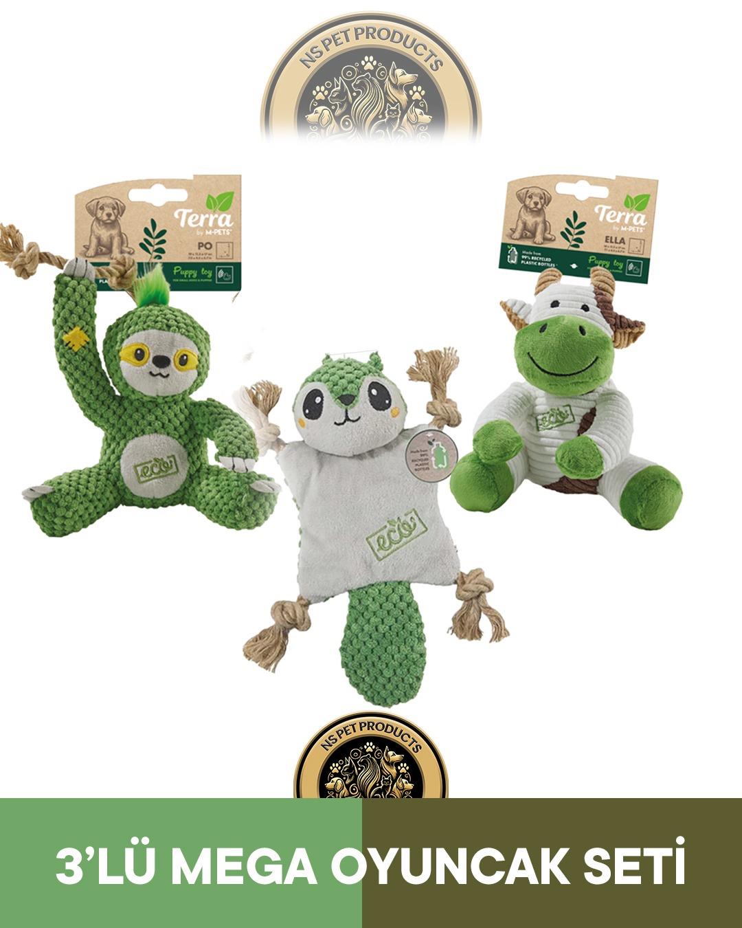 M-Pets Terra Eco Ella Puppy (İnek)-Pip Puppy (Sincap)-Po Puppy (Tembel Hayvan) Köpek Oyuncağı 3'lü Set