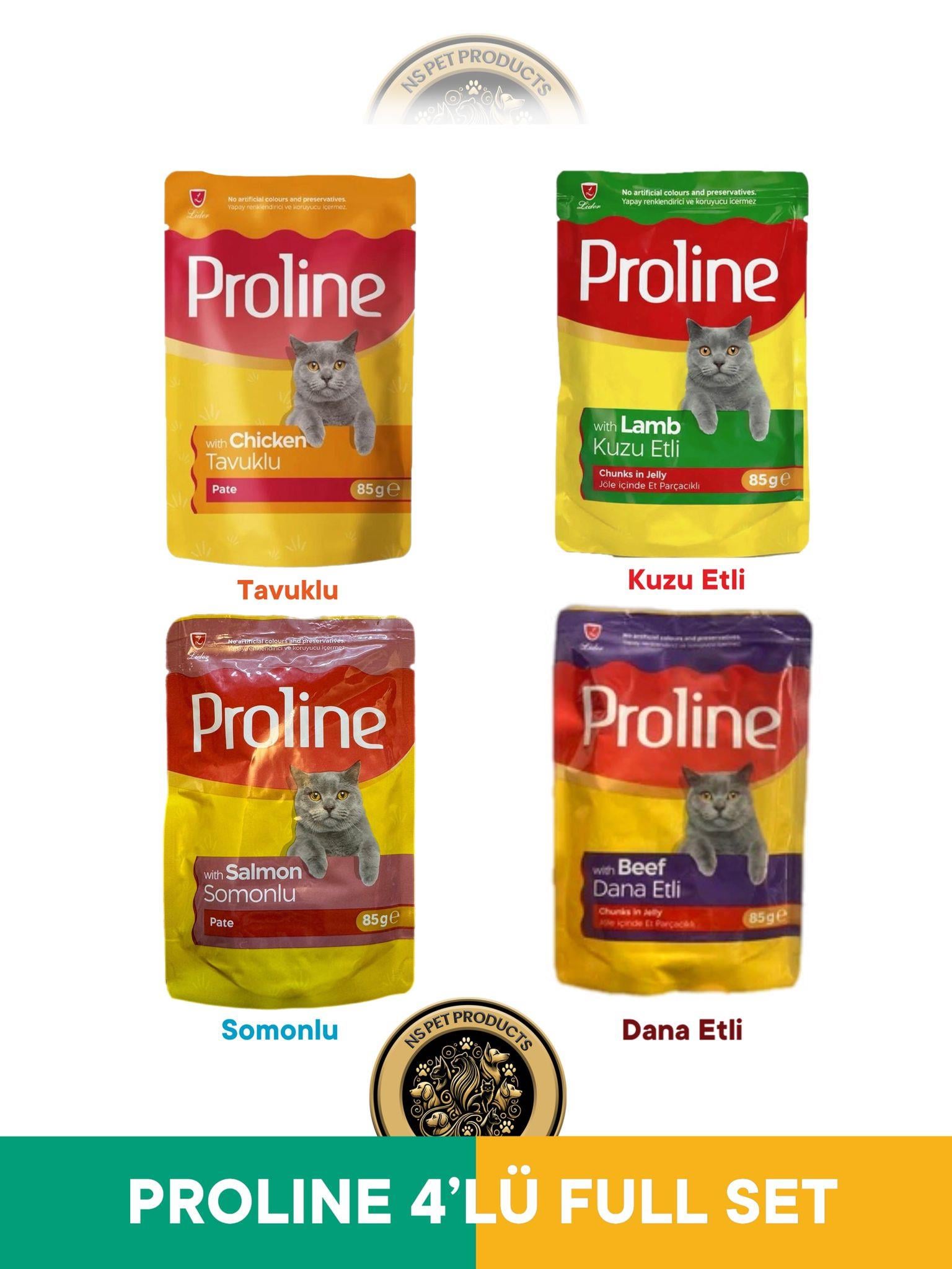 Proline Pouch Pate Tavuklu-Kuzu Etli- Dana Etli Yaş Kedi Maması Seti 4x85 gr