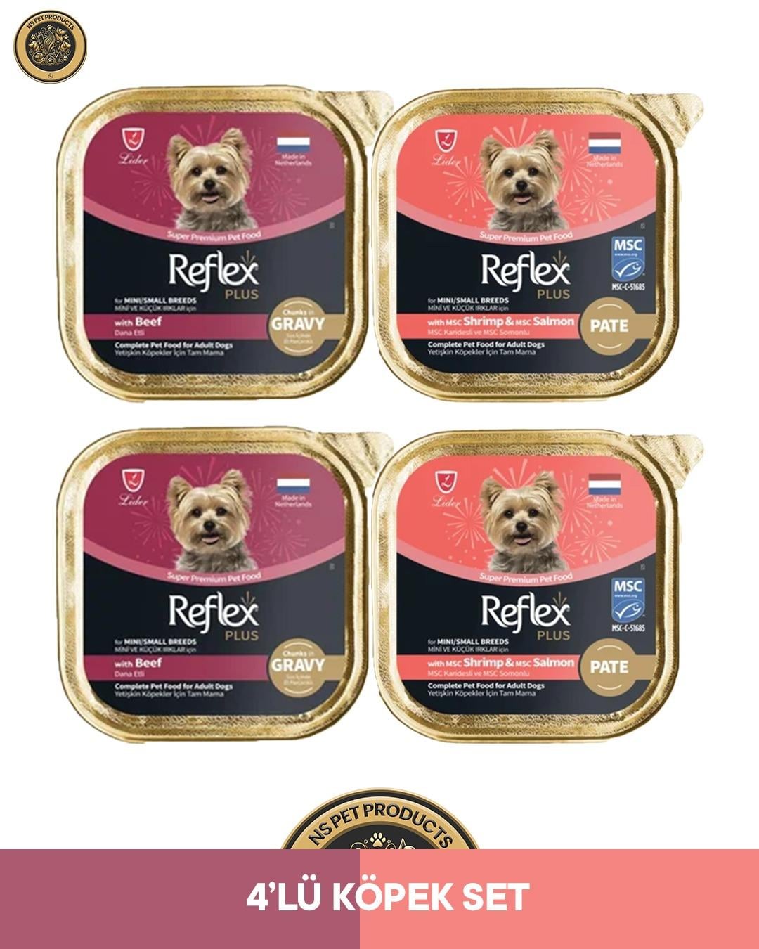Reflex Plus Alutray Pate Karidesli Somonlu & Et Parçacıklı Dana Etli Yetişkin Köpek Maması Seti 4x85 gr