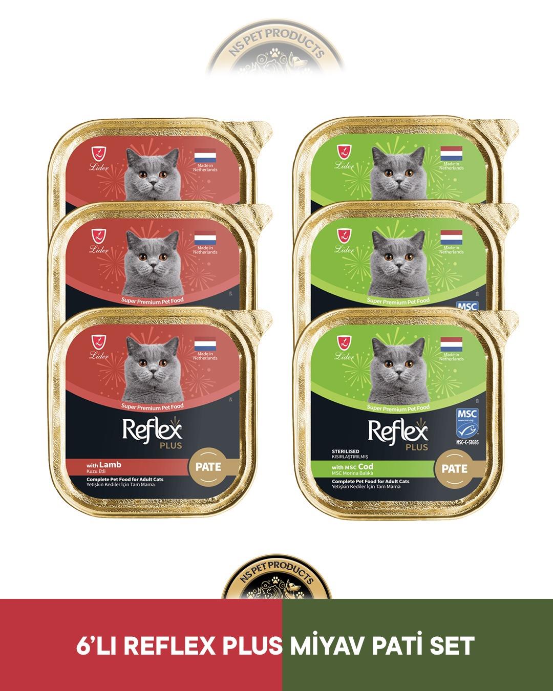 Reflex Plus Alutray Pate Kuzu Etli Yetişkin & Alutray Pate Msc Morina Balıklı Kısırlaştırılmış Yetişkin Kedi Maması Seti 6x85 gram
