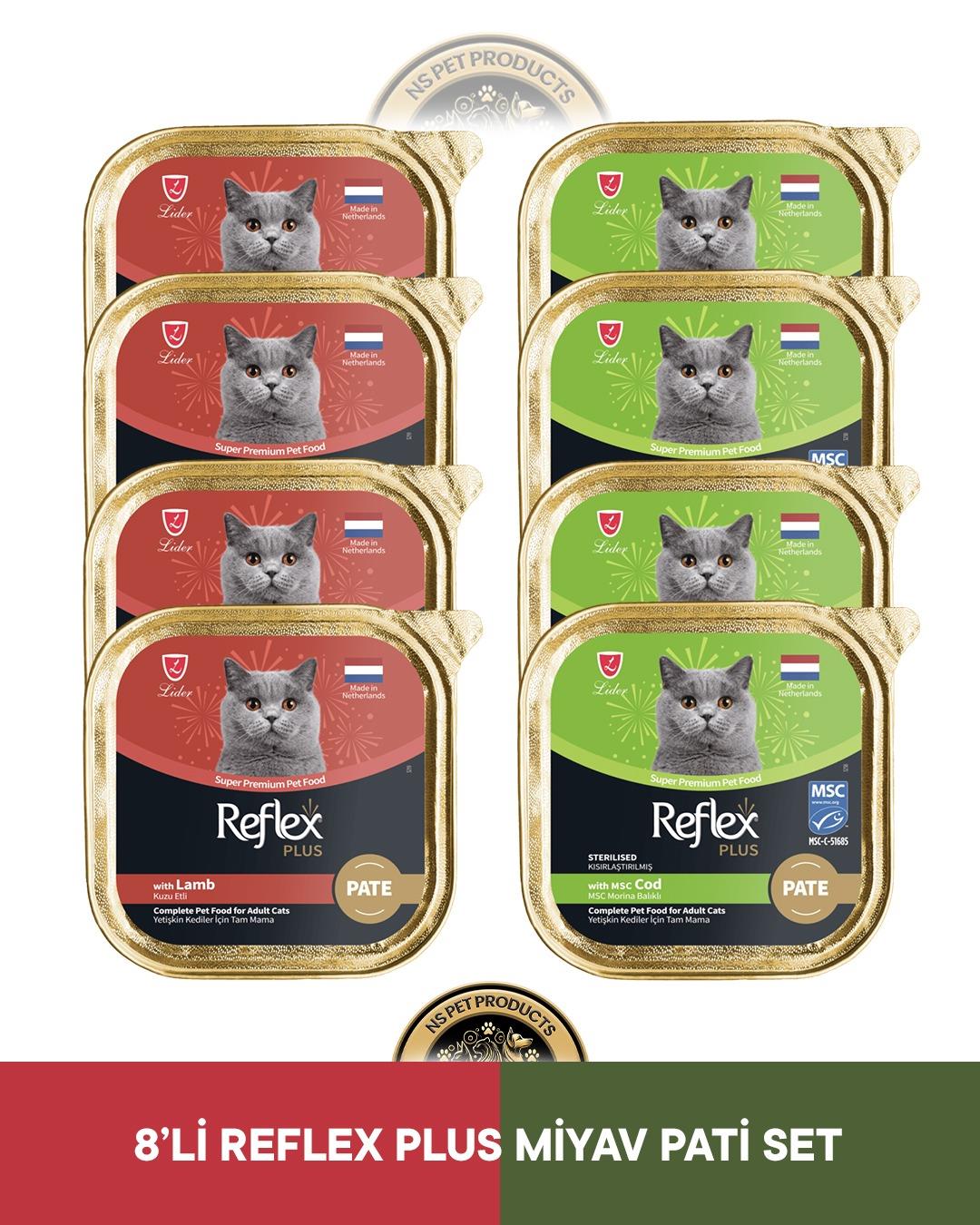 Reflex Plus Alutray Pate Kuzu Etli Yetişkin & Alutray Pate Msc Morina Balıklı Kısırlaştırılmış Yetişkin Kedi Maması Seti 8x85 gram