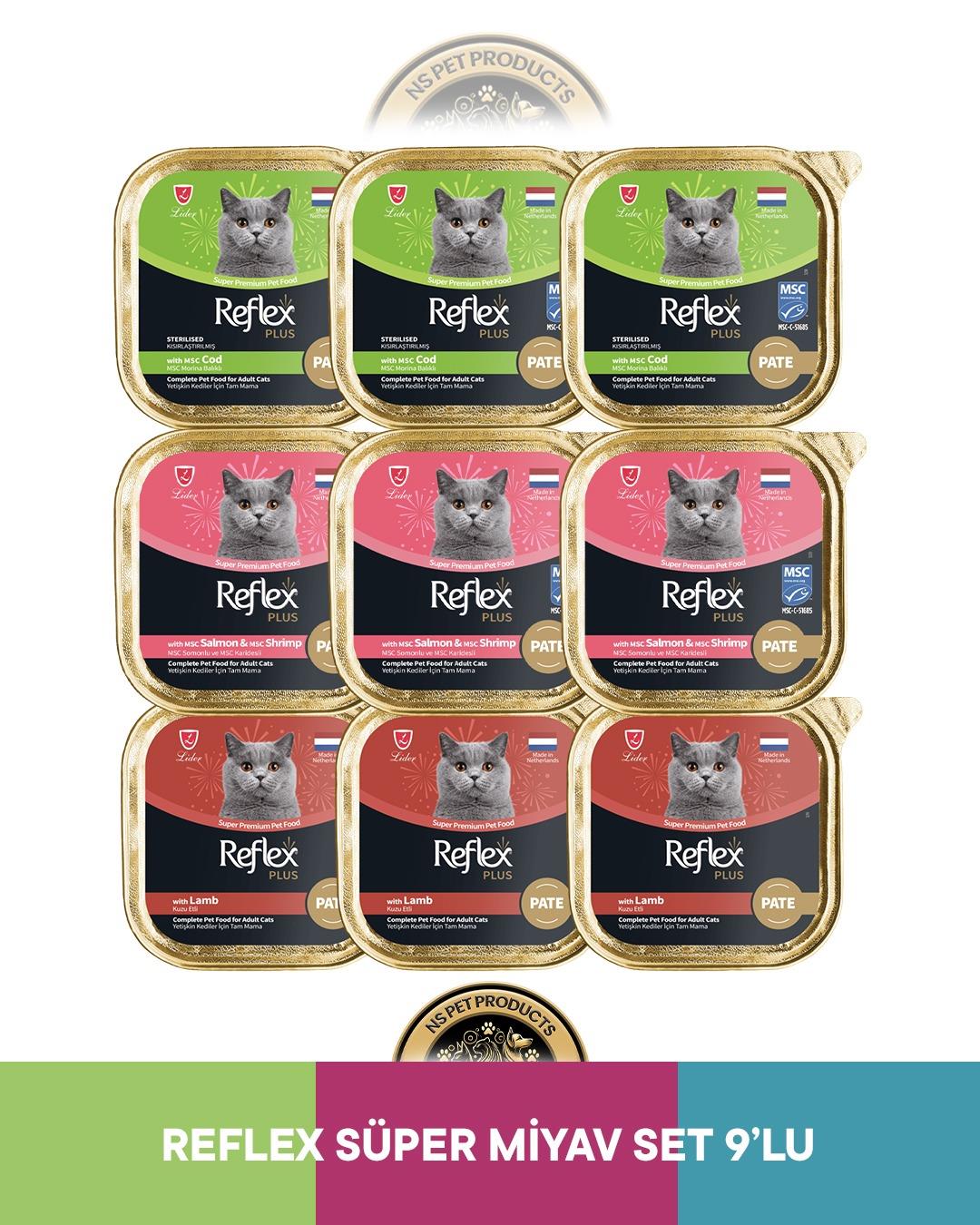 Reflex Plus Alutray Pate Msc Morina Balıklı Kısırlaştırılmış Yetişkin & Alutray Pate Msc Somon ve Msc Karides Yetişkin & Alutray Pate Kuzu Etli Yetişkin Kedi Maması Seti 9x85 gram