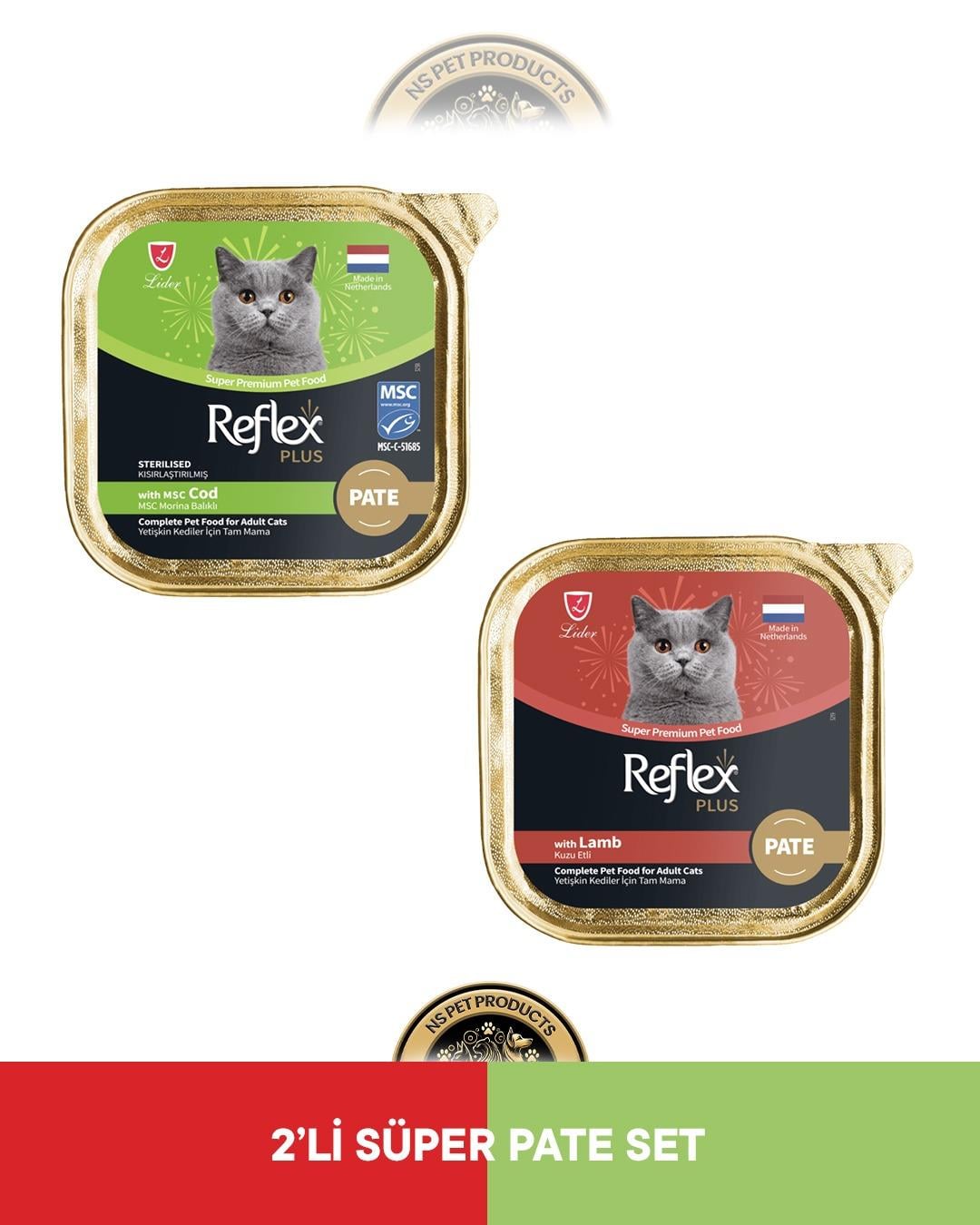 Reflex Plus Alutray Pate Msc Morina Balıklı Kısırlaştırılmış Yetişkin Kedi Maması & Reflex Plus Alutray Pate Kuzu Etli Yetişkin Kedi Maması Seti 2x85 gram