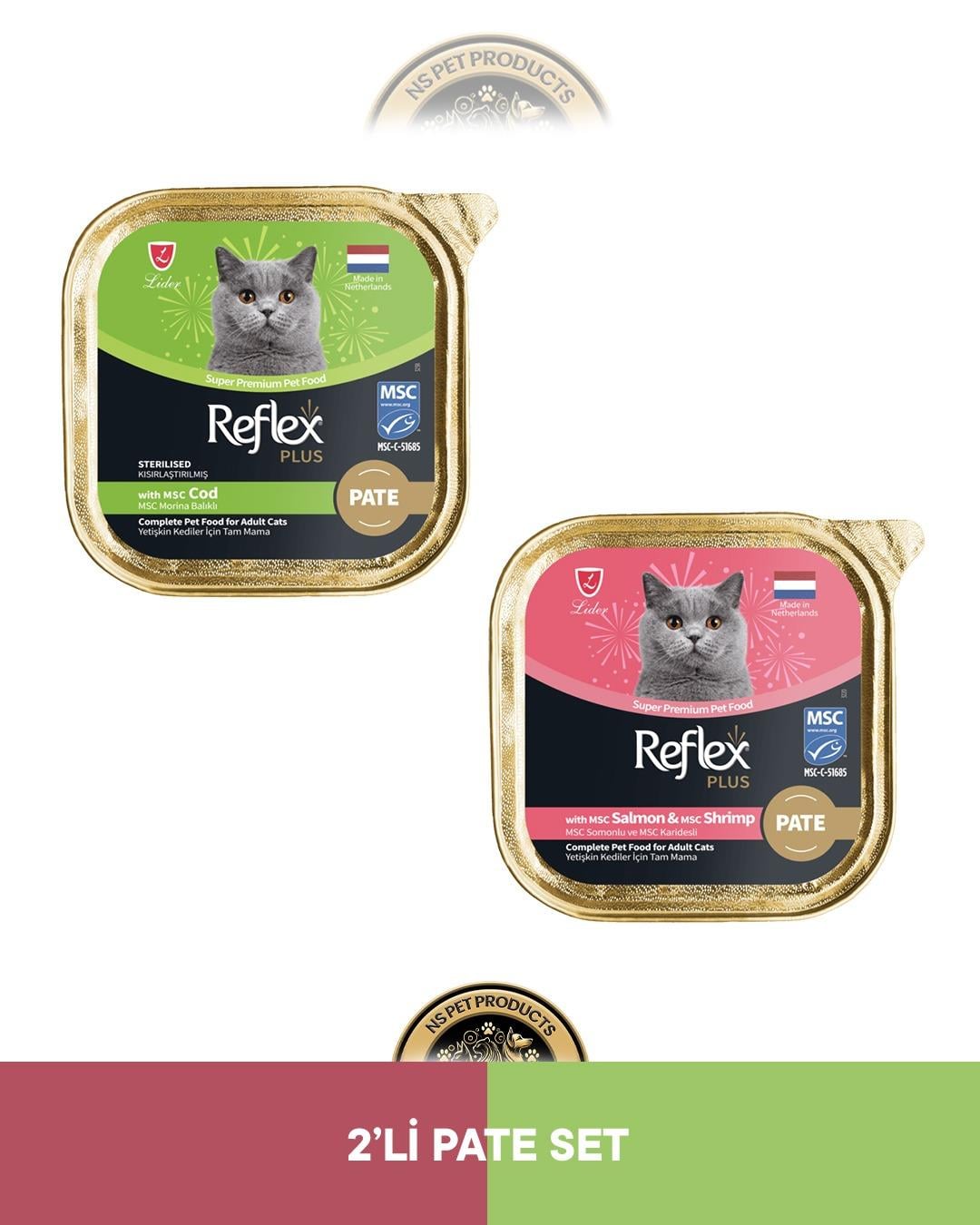 Reflex Plus Alutray Pate Msc Morina Balıklı Kısırlaştırılmış Yetişkin Kedi Maması & Reflex Plus Alutray Pate Msc Somon ve Msc Karides Yetişkin Kedi Maması Seti 2x85 gram