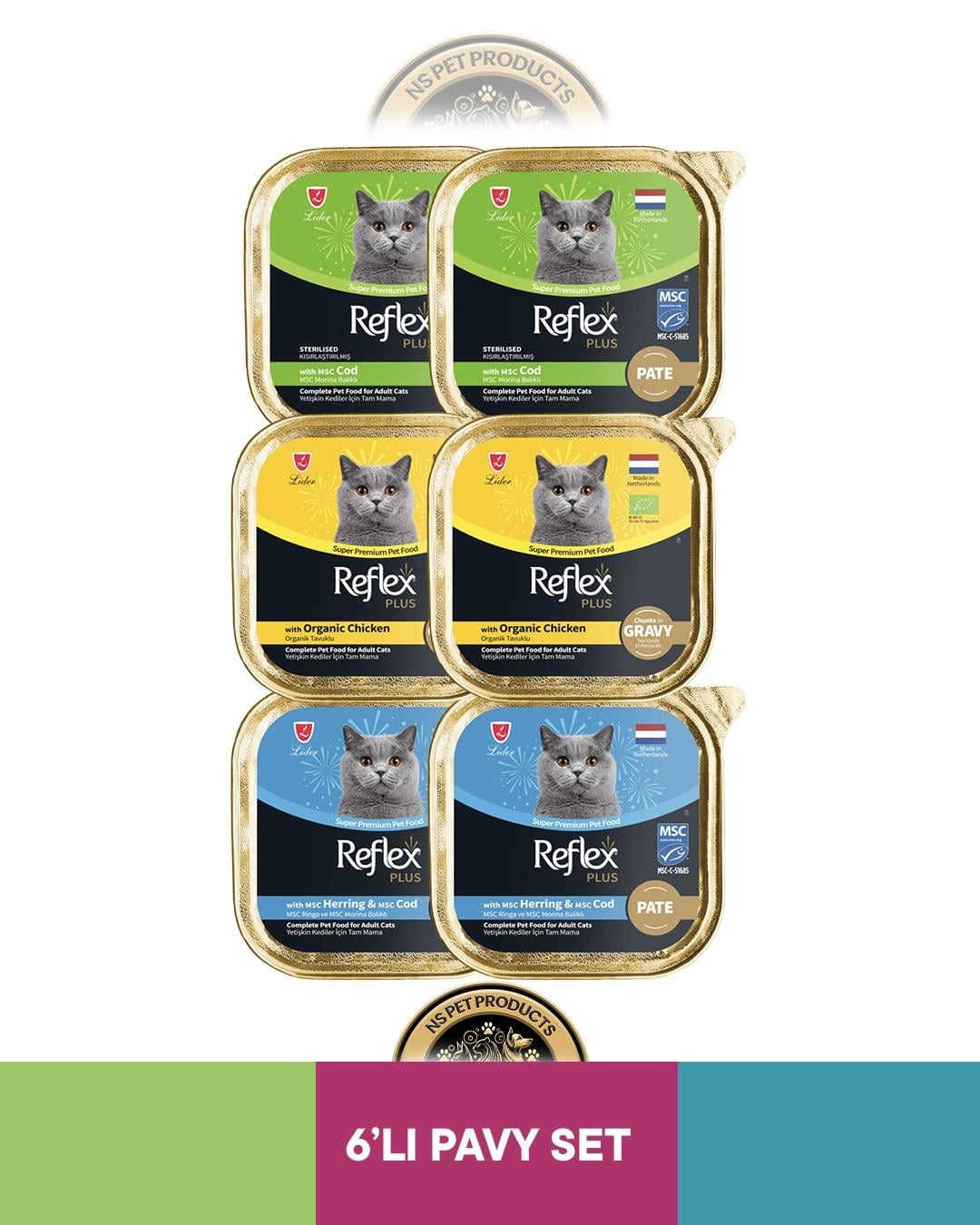 Reflex Plus Alutray Pate Msc Morina Balıklı Kısırlaştırılmış Yetişkin & Alutray Sos İçinde Organik Tavuklu Yetişkin & Alutray Pate Msc Ringa ve Msc Morina Balıklı Yetişkin Kedi Maması Seti 6x85 gram