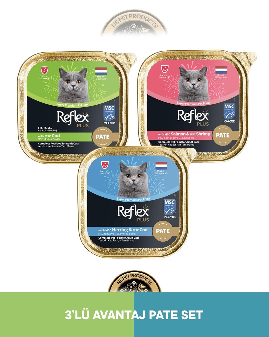 Reflex Plus Alutray Pate Msc Morina Balıklı Kısırlaştırılmış Yetişkin & Alutray Pate Msc Somon ve Msc Karides Yetişkin & Alutray Pate Msc Ringa ve Msc Morina Balıklı Yetişkin Kedi Maması Seti 3x85 gram