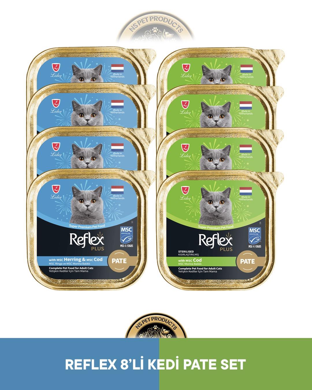 Reflex Plus Alutray Pate Msc Ringa ve Msc Morina Balıklı Yetişkin & Alutray Pate Msc Morina Balıklı Kısırlaştırılmış Yetişkin Kedi Maması Seti 8x85 gram