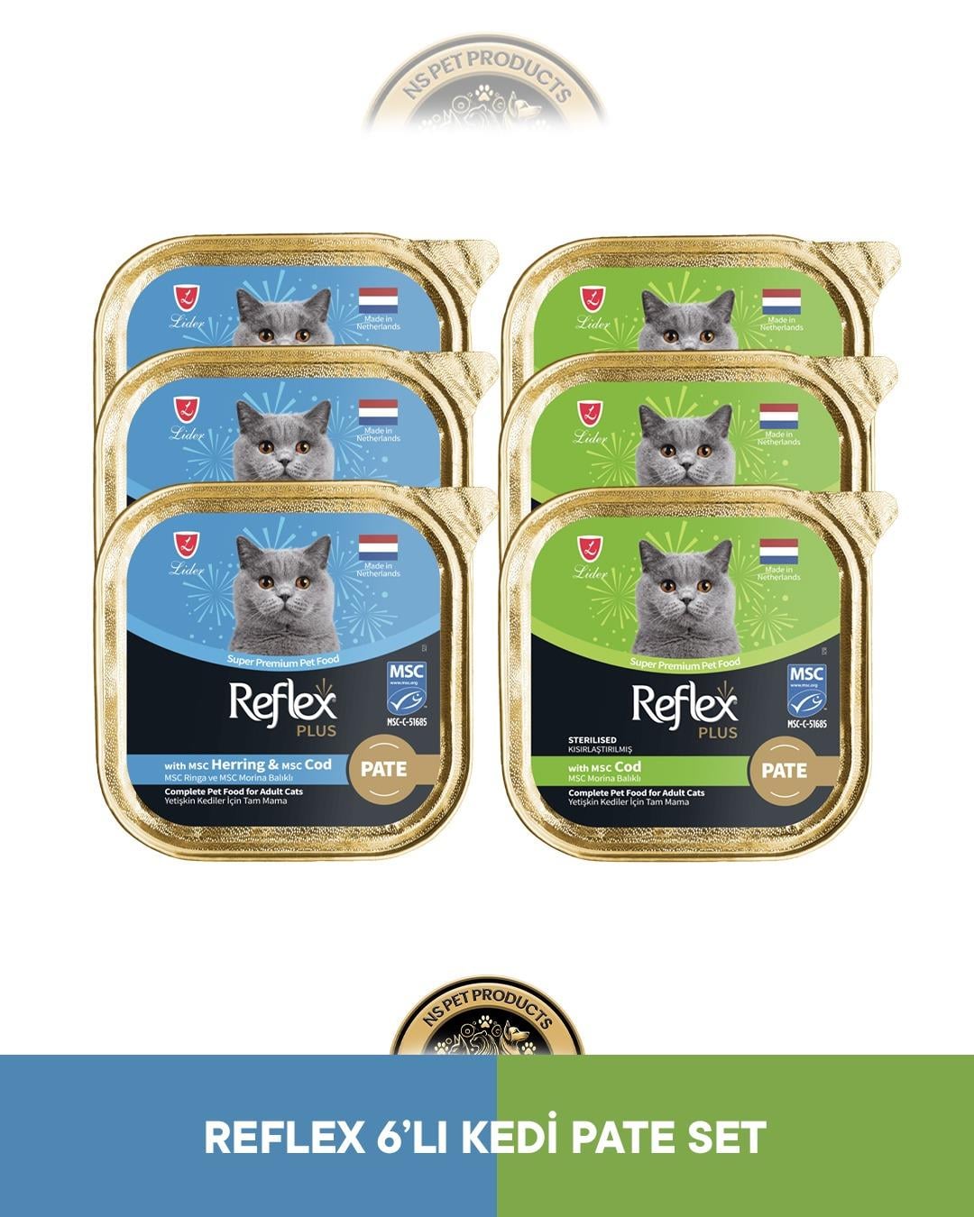 Reflex Plus Alutray Pate Msc Ringa ve Msc Morina Balıklı Yetişkin & Alutray Pate Msc Morina Balıklı Kısırlaştırılmış Yetişkin Kedi Maması Seti 6x85 gram