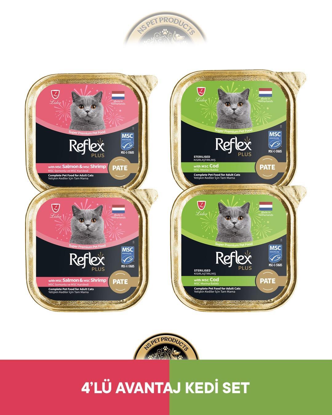 Reflex Plus Alutray Pate Msc Somon ve Msc Karides Yetişkin & Alutray Pate Msc Morina Balıklı Kısırlaştırılmış Yetişkin Kedi Maması Seti 4x85 gram