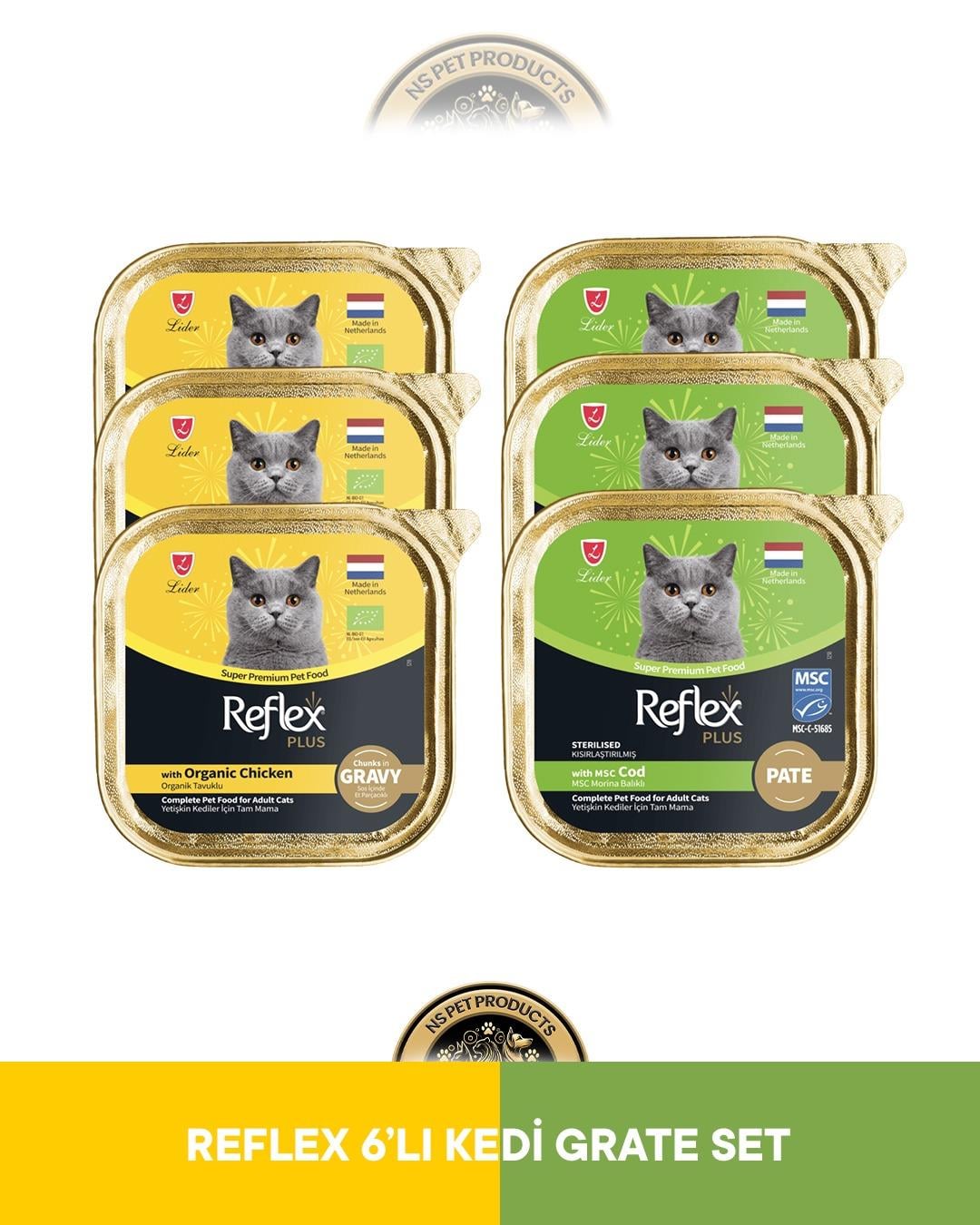 Reflex Plus Alutray Sos İçinde Organik Tavuklu Yetişkin & Alutray Pate Msc Morina Balıklı Kısırlaştırılmış Yetişkin Kedi Maması Seti 6x85 gram