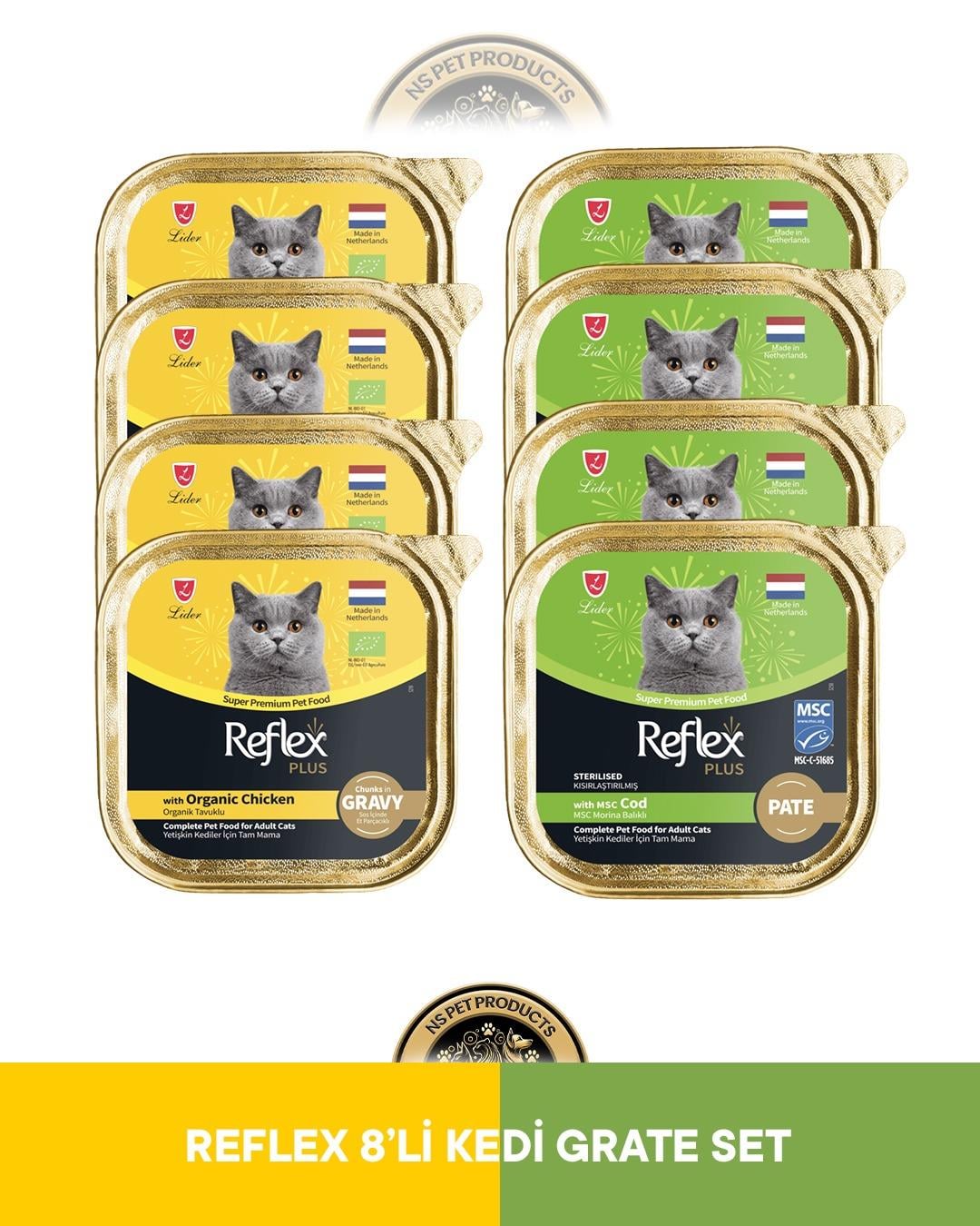 Reflex Plus Alutray Sos İçinde Organik Tavuklu Yetişkin & Alutray Pate Msc Morina Balıklı Kısırlaştırılmış Yetişkin Kedi Maması Seti 8x85 gram
