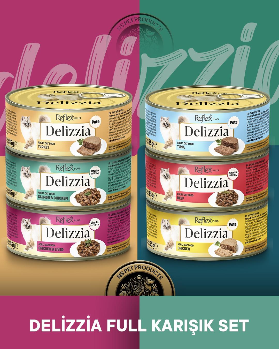 Reflex Plus Delizzia Hindi Etli Pate & Somonlu-Tavuklu Gravy & Tavuklu-Ciğerli Gravy & Ton Balıklı Pate & Dana Etli Gravy & Tavuklu Pate Yetişkin Kedi Maması Seti 6x85 gram