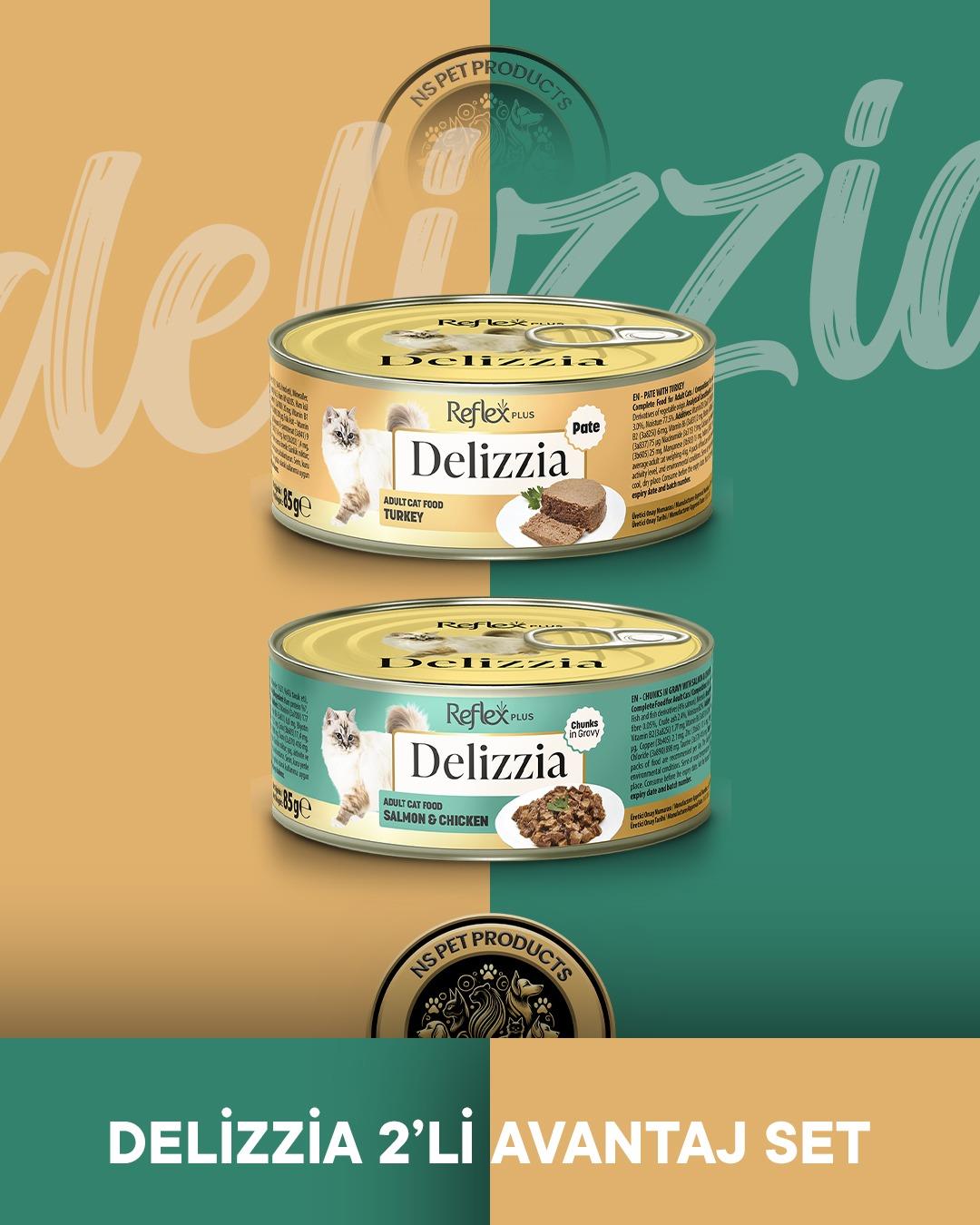 Reflex Plus Delizzia Hindi Etli Pate & Somonlu-Tavuklu Gravy Yetişkin Kedi Maması Seti 2x85 gram