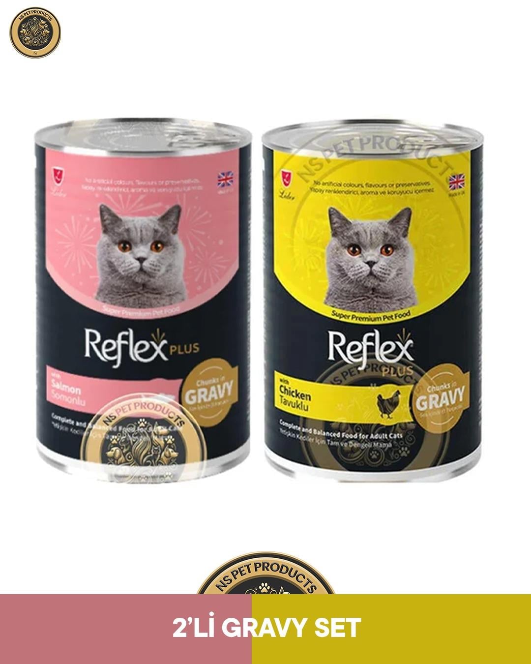 Reflex Plus Gravy Sos İçinde Et Parçacıklı Somonlu -Tavuklu Yetişkin Kedi Konserve Maması Seti 2x400 gr