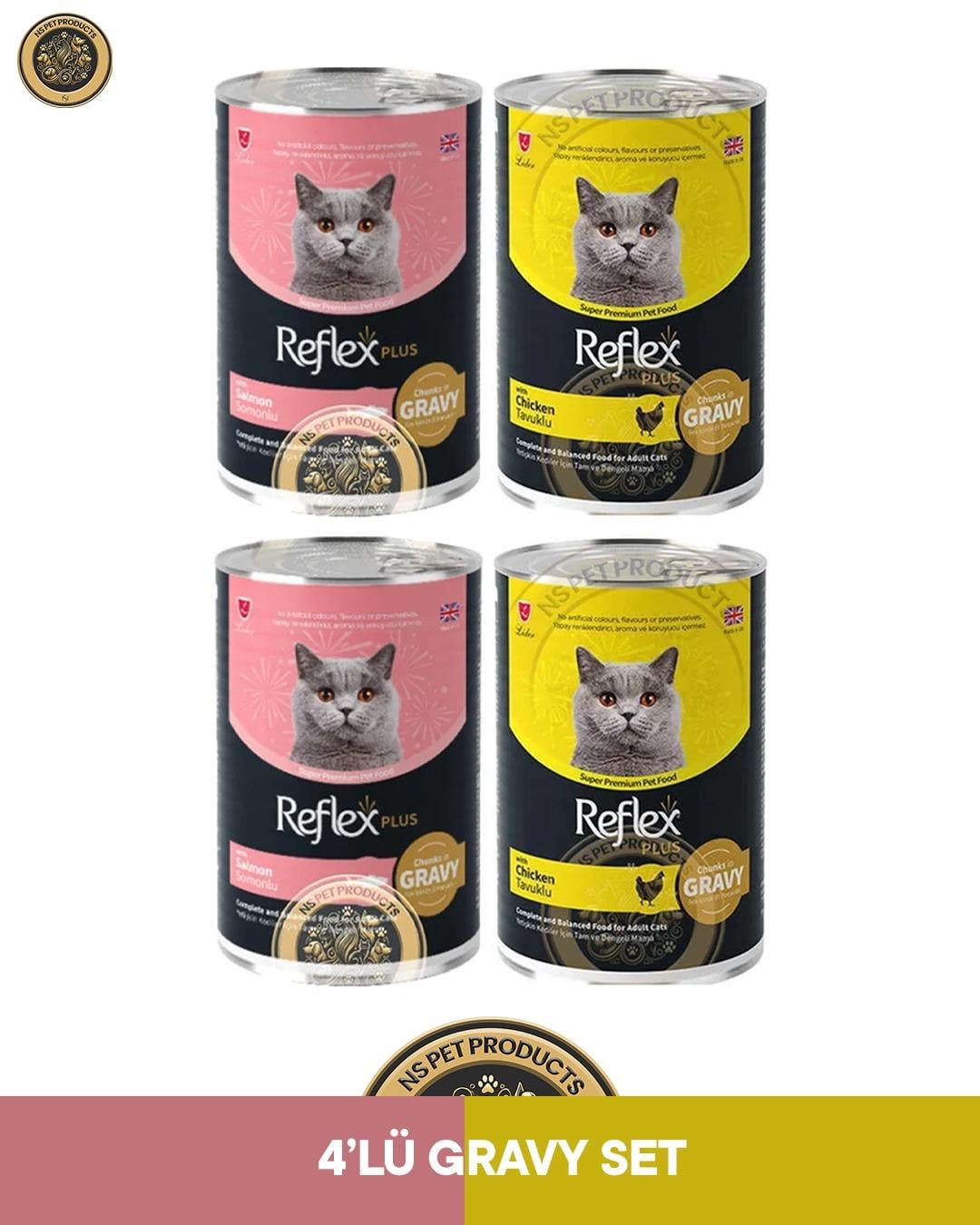 Reflex Plus Gravy Sos İçinde Et Parçacıklı Somonlu -Tavuklu Yetişkin Kedi Konserve Maması Seti 4x400 gr