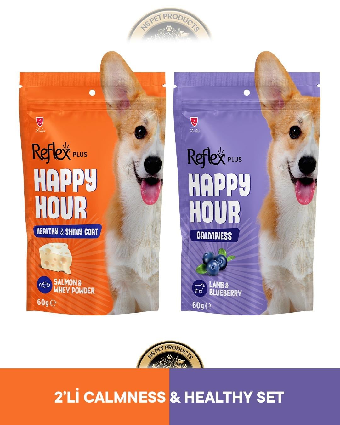 Reflex Plus Happy Hour Healthy - Shiny Coat Sağlıklı ve Parlak Tüyler & Calmness Sakinleşmeyi Destekleyici Köpek Ödül Maması Seti 2x60 gram