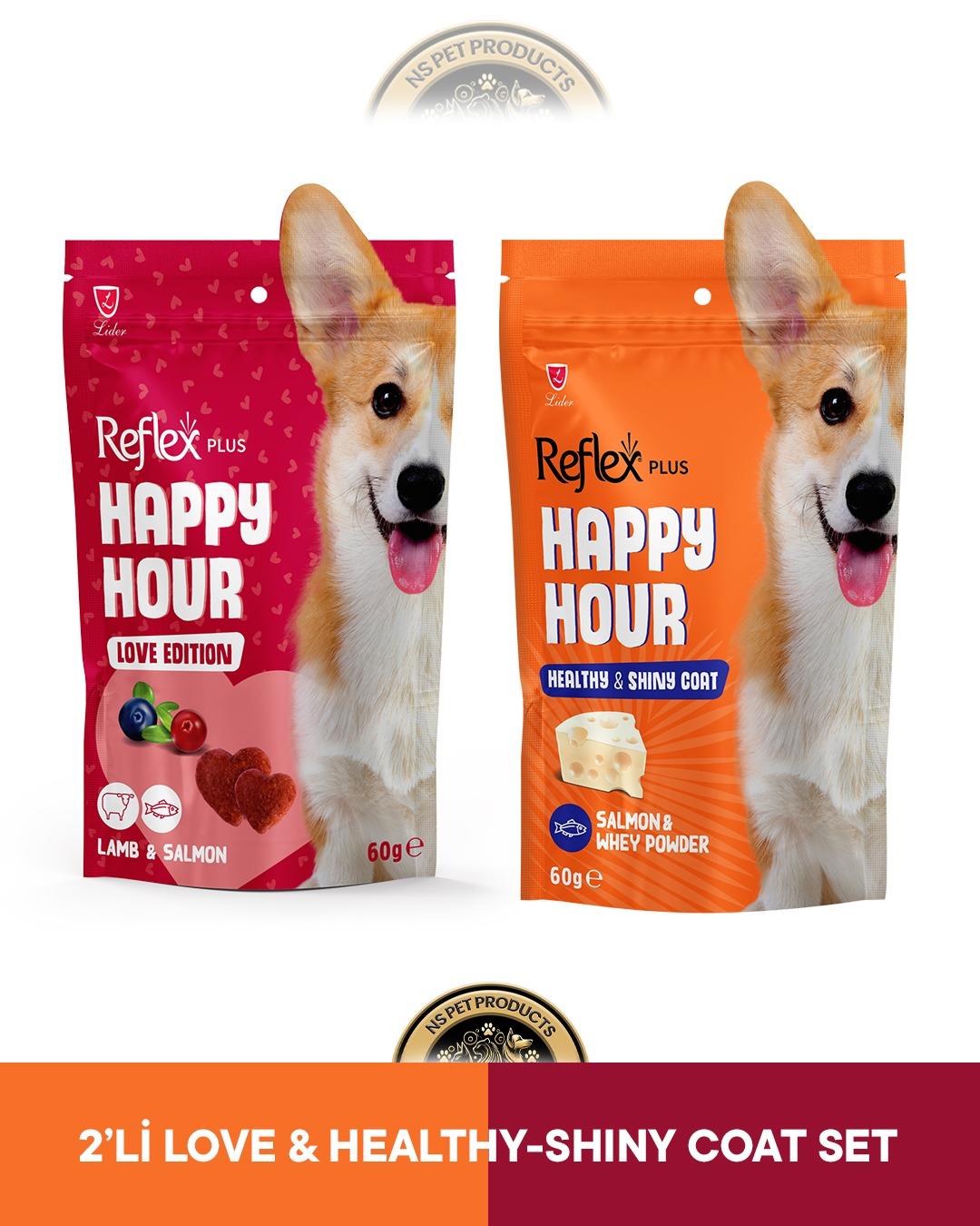 Reflex Plus Happy Hour Love Edition & Healthy - Shiny Coat Sağlıklı ve Parlak Tüyler Köpek Ödül Maması Seti 2x60 gram