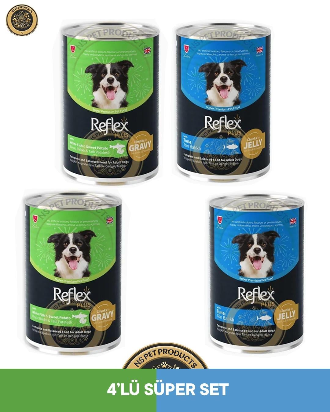 Reflex Plus Jelly Jöle İçinde Et Parçacıklı Ton Balıklı & Beyaz Balıklı ve Tatlı Patatesli Yetişkin Köpek Konserve Maması Seti 4x400 gr