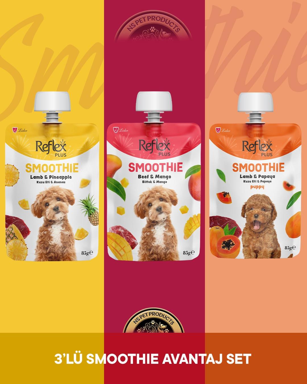 Reflex Plus Smoothie Kuzu Eti - Ananas & Biftek - Mango & Kuzu Etli - Papaya Köpek Ödül Maması Seti 3x85 gr