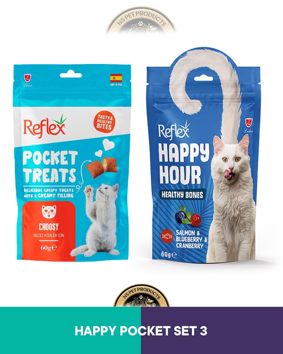 Reflex Pocket Treats Choosy Seçici & Reflex Happy Hour Healty Bones Sağlıklı Kemikler Kedi Ödül Maması Seti 2x60 gram